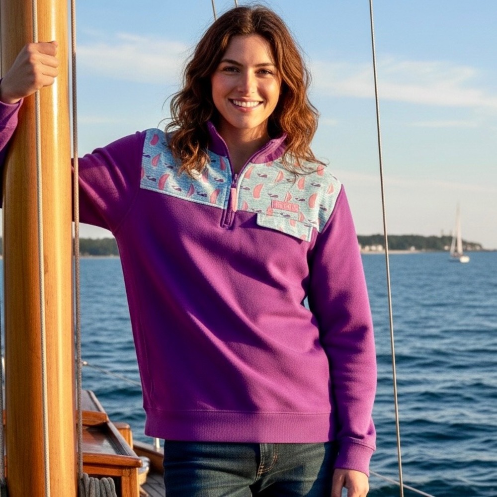 Simply Southern Purple Sailboat Whale Quarter Zip Pullover‎ Sweatshirt Medium